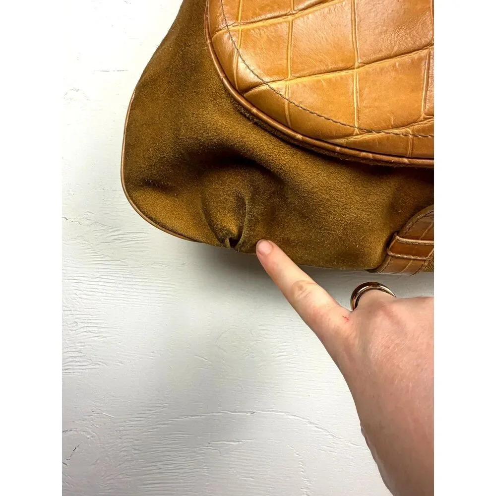 Y2K Vintage Furla Italian Leather Croc‎ Embossed Shoulder Bag Camel Hobo Purse
